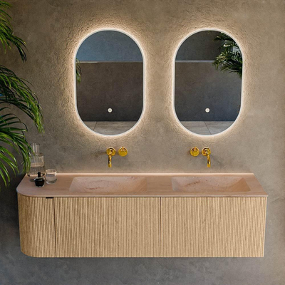 MONDIAZ KURVE-DLUX meuble de salle de bains 155cm arrondi à gauche couleur chêne avec 2 tiroirs et 1 porte. Lavabo LEAF double / à droite sans trou de robinet Saba.