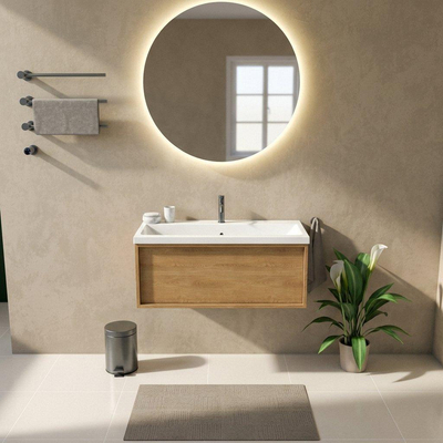 Saniclass Holz Frame Ensemble meuble de salle de bains - 100x45x43.5cm - Bari lavabo en céramique blanc - 1 vasque - 1 trou de robinetterie - 1 tiroir - chêne natural mat (bois)