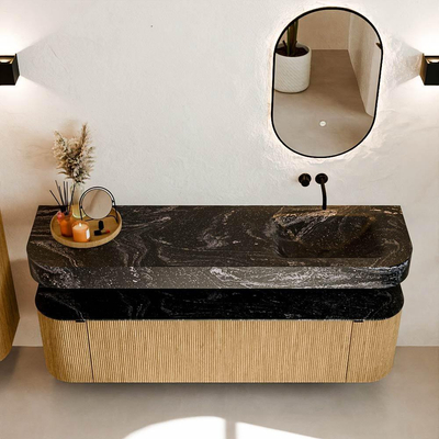 MONDIAZ THOR-DLUX 170cm badmeubel ronding links + rechts kleur Oak met 1 lade en 2 deuren. Vrijhangende wastafel CLOUD Rechts zonder kraangat kleur Lava.