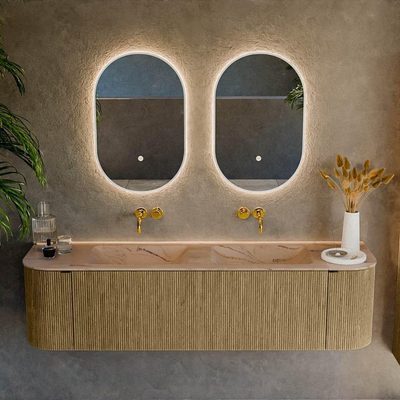 MONDIAZ KURVE-DLUX Meuble de salle de bains 170cm arrondi à gauche + à droite couleur Dusk avec 1 tiroir et 2 portes. Lavabo LEAF double sans trou de robinet Arena.