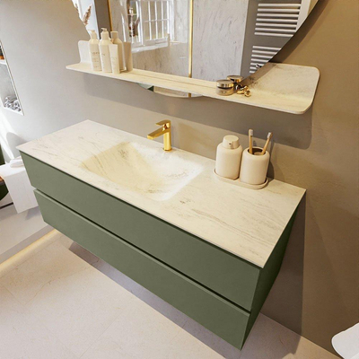 Mondiaz VICA-DLUX Ensemble de meuble de salle de bain - 130cm - meuble sous-vasque armée - 2 tiroirs - lavabo encastré nuage milieu - 1 trou de robinet - version haute de 60cm - opalo