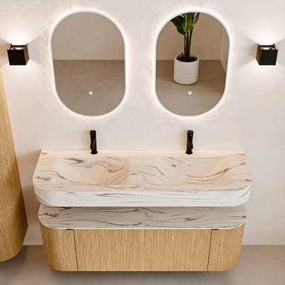 MONDIAZ THOR-DLUX 140cm meuble de salle de bains arrondi gauche + droite couleur Oak avec 1 tiroir et 2 portes. Vasque suspendue CLOUD Double 2 trous de robinet couleur Nata.
