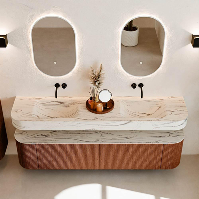 MONDIAZ THOR-DLUX 190cm badmeubel ronding links + rechts kleur Ruby met 2 lades en 2 deuren. Vrijhangende wastafel CLOUD Dubbel zonder kraangat kleur Nata.