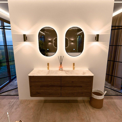 Mondiaz CIRO-DLUX Badkamermeubelset - 140x45x50cm - Solid surface wastafel Frappe - 2 wasbak Dubbel - 2 kraangaten - 4 lades - Dusk