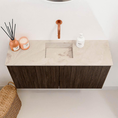 Mondiaz JOYA-DLUX 80cm meuble de salle de bains - couleur Walnut - Vasque FAYE position Milieu Sans trou de robinet couleur Frappe.