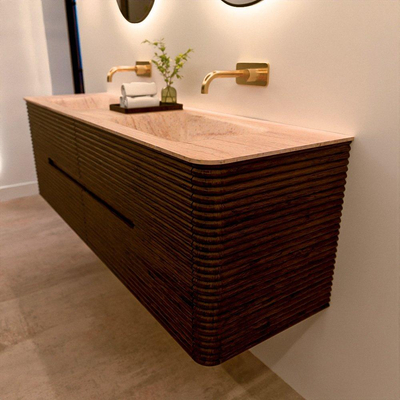 Mondiaz CIRO-DLUX Meuble de salle de bains - 160x45x50cm - Plan vasque solid surface Saba - 2 vasques Double - sans trous de robinetterie - 4 tiroirs - Noyer