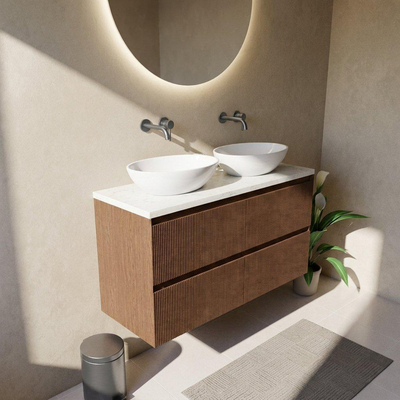 Saniclass Holz Atelier Ensemble de meubles de salle de bains - 120x45x63cm - Plan vasque en marbre Dia poli (blanc) - sans trou de robinet - 2 tiroirs - walnut pure mat (bois)