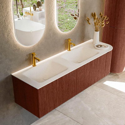 Mondiaz KURVE Badkamermeubelset - 155x46x40cm - 2 lade - 1 deur - wastafel solid surface - dubbel / links - 2 kraangaten - Ruby