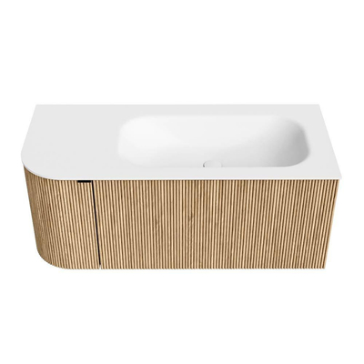 MONDIAZ KURVE Meuble de salle de bains 105 cm avec module 25 L couleur Oak avec 1 tiroir et 1 porte. Lavabo BIG SMALL à droite sans trou de robinet Talc.