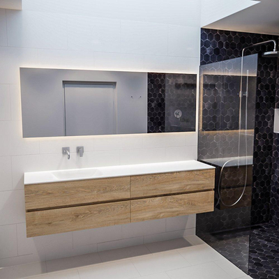 Mondiaz VICA ensemble de meuble de salle de bain - 200cm - meuble sous-vasque chêne blanchi - 4 tiroirs - lavabo CLOUD gauche sans trous de robinet - miroir LED - version XL 60cm de haut