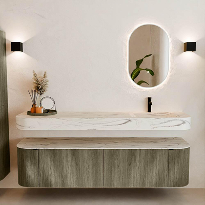 MONDIAZ THOR-DLUX Meuble de salle de bains 180cm arrondi gauche + droite couleur Shadow avec 2 tiroirs et 2 portes. Vasque suspendue CLOUD Droite 1 trou de robinet couleur Nata.