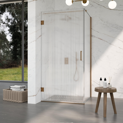 FugaFlow Eccelente Vetro Douchecabine - 90x90x200cm - scharnieren - deurgreep - stabilisatiestang - helder geribbeld - veiligheidsglas - Koper geborsteld PVD (Koper)