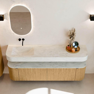 MONDIAZ THOR-DLUX 180cm meuble de salle de bains arrondi gauche + droite couleur Oak avec 2 tiroirs et 2 portes. Vasque suspendue CLOUD gauche sans trou de robinet couleur Opalo.