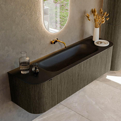 Mondiaz KURVE Ensemble de meuble salle de bain - 160x46x40cm - 1 tiroir - 2 portes - lavabo en solid surface - milieu - sans trou de robinet - Shadow