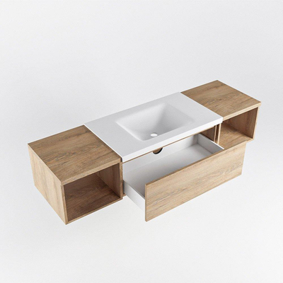MONDIAZ BUKLA 160cm ensemble de meuble avec module ouvert 40 L+R couleur Chêne blanchi avec 1 tiroir. Lavabo CLOUD centre 0 trous de robinet couleur Talc.