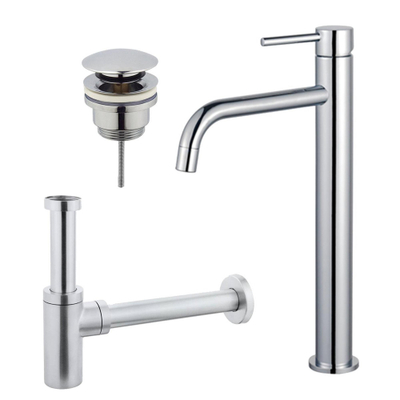 FugaFlow Eccelente Sobrado Slim Slim Kit mitigeur lavabo - robinet rehaussé - bonde clic clac - siphon design - Chrome brillant