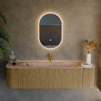 MONDIAZ KURVE-DLUX Meuble de salle de bains 170cm arrondi Gauche + Droite couleur Dusk avec 1 tiroir et 2 portes. Lavabo BIG LARGE Central 1 trou de robinet Arena.