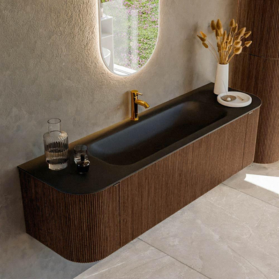 MONDIAZ KURVE 160cm badmeubel met module 25 Len R kleur Walnut met 1 lade en 2 deuren. Wastafel BIG MEDIUM midden 1 kraangat Urban.