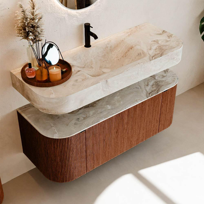 MONDIAZ THOR-DLUX 120cm meuble de salle de bains arrondi gauche + droite couleur Ruby avec 1 tiroir et 2 portes. Vasque suspendue CLOUD Milieu 1 trou de robinet couleur Frappe.