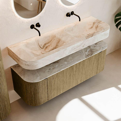 MONDIAZ THOR-DLUX Meuble de salle de bains - 140cm - arrondi gauche + droite - couleur Dusk - 1 tiroir et 2 portes - Vasque suspendue CLOUD Double sans trou de robinet - couleur Frappe