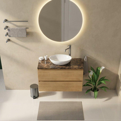 Saniclass Holz Pure Ensemble de meubles de salle de bains - 100x45x63cm - Plan de travail en pierre naturelle Noche dark emperador - 1 trou de robinetterie - 2 tiroirs - chêne natural mat (bois)