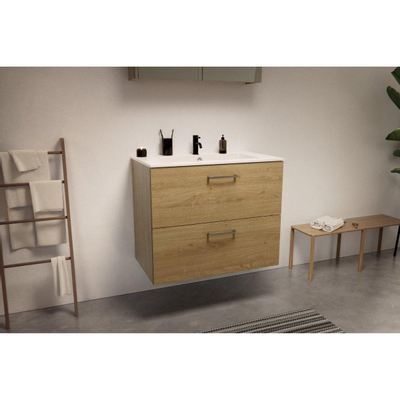 Nemo Go Ensemble de meuble - 80x65x45.5cm - 2 tiroirs - avec poignée - 1 vasque Blanc mat - 1 trous de robinet - avec armoire toilette - MDF riverside oak