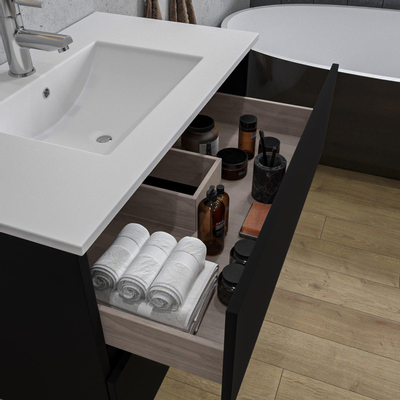 Adema Chaci Ensemble de meuble - 80x46x55cm - 1 vasque en céramique blanche - 1 trou de robinet - 2 tiroirs - armoire de toilette - noir mat