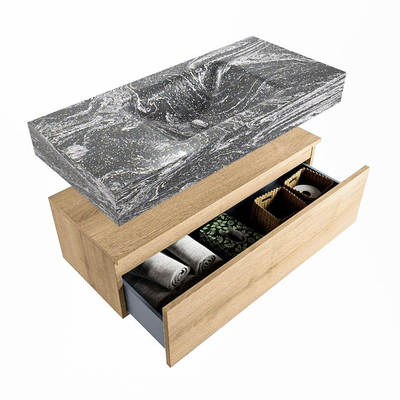 Mondiaz ALAN-DLUX Ensemble de meuble - 100cm - meuble Washed Oak mat - 1 tiroir - Lavabo Cloud Lava suspendu - vasque Centre - 1 trou de robinet