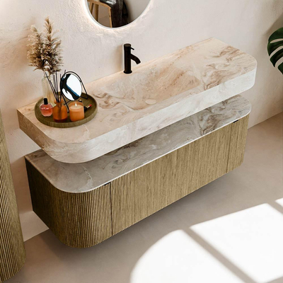 MONDIAZ THOR-DLUX Meuble de salle de bains 140cm arrondi gauche + droite couleur Dusk avec 1 tiroir et 2 portes. Vasque suspendue CLOUD Milieu 1 trou de robinet couleur Frappe.