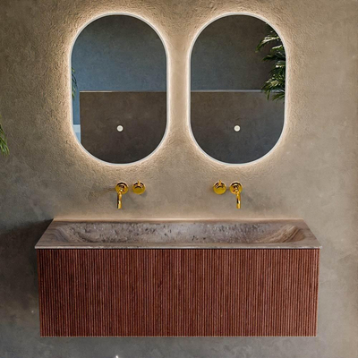 MONDIAZ KURVE-DLUX Meuble de salle de bains 120 cm couleur Ruby avec 1 tiroir et 0 porte. Lavabo BIG LARGE au milieu sans trou de robinet Oza.