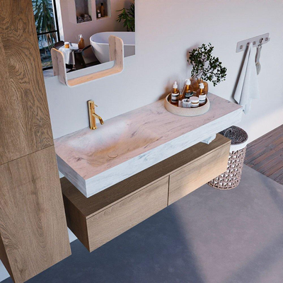 Mondiaz ALAN-DLUX Ensemble de meuble - 130cm - meuble Washed Oak mat - 2 tiroirs - Lavabo Cloud Opalo suspendu - vasque Gauche - 1 trou de robinet