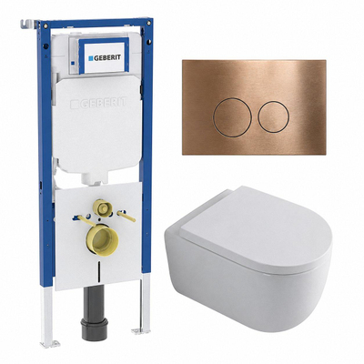 QeramiQ Dely Swirl Toiletset - 36.3x51.7cm - Geberit UP720 Duofix Sigma inbouwreservoir - 35mm zitting - koperen bedieningsplaat - ronde knoppen - glans wit
