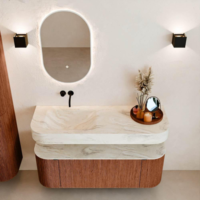 MONDIAZ THOR-DLUX 130cm meuble de salle de bains arrondi gauche + droite couleur Ruby avec 1 tiroir et 2 portes. Vasque suspendue CLOUD Gauche sans trou de robinet couleur Ostra.