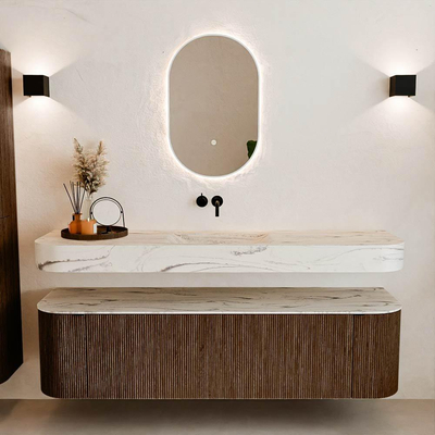 MONDIAZ THOR-DLUX 170cm badmeubel ronding links + rechts kleur Walnut met 1 lade en 2 deuren. Vrijhangende wastafel CLOUD Midden zonder kraangat kleur Nata.