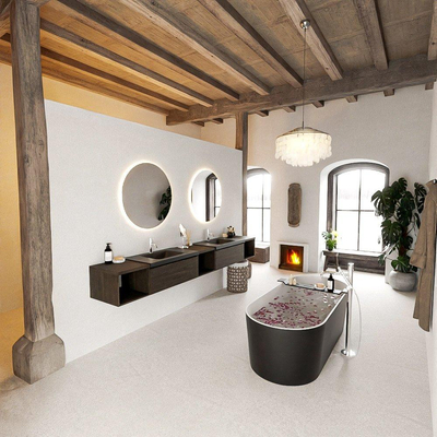 MONDIAZ BUKLA 280cm meuble de salle de bains avec module ouvert 40 L+M+R couleur Dark Brown avec 2 tiroirs. Lavabo CLOUD double 2 trous de robinet couleur Urban.