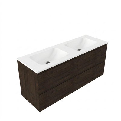 Saniclass Holz Pure Ensemble meuble de salle de bains - 140x45x77.5cm - lavabo Torino en solid surface blanc - sans trou de robinetterie - 4 tiroirs - chêne charcoal mat (bois)