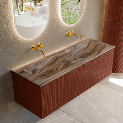 MONDIAZ KURVE-DLUX meuble de salle de bains 130 cm couleur Ruby avec 2 tiroirs et 0 porte. Lavabo LEAF double sans trou de robinet Sombra.