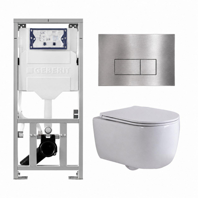 QeramiQ Dely Swirl Toiletset - 36.3x51.7cm - Geberit UP320 inbouwreservoir - met Burda frame - slim zitting - steel bedieningsplaat - rechthoekige knoppen - glans wit