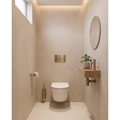 Pack WC QeramiQ Dely Swirl Compact - réservoir encastrable Geberit UP320 - avec bâti-support Burda - abattant slim - plaque de commande en plastique laiton brossé (or) - boutons rectangulaires - blanc brillant