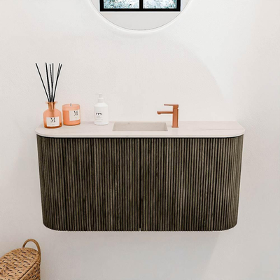 Mondiaz JOYA-DLUX Meuble de toilette 83,2cm - arrondis gauche et droite couleur Shadow - Vasque FAYE position Milieu 1 trou de robinet couleur Meli.