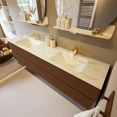 MONDIAZ VICA-DLUX Ensemble meuble de salle de bains - 200cm - meuble sous-vasque rust - 4 tiroirs - lavabo encastré cloud double - 2 trous de robinet - version haute 60cm - frape