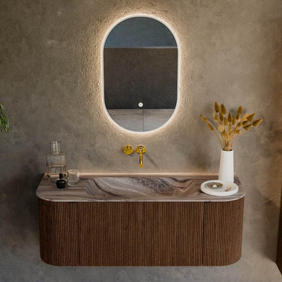 MONDIAZ KURVE-DLUX Meuble de salle de bains 120cm courbure gauche + droite couleur Walnut avec 1 tiroir et 2 portes. Lavabo BIG SMALL central sans trou de robinet Sombra.