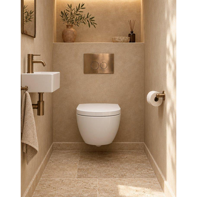 QeramiQ Dely Swirl Compact Toiletset - inbouwreservoir QeramiQ flush - 25mm zitting - metalen bedieningsplaat koper - ronde knoppen - mat wit