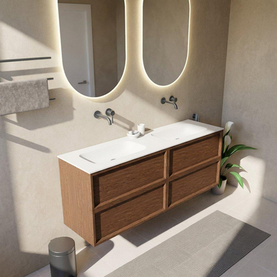 Saniclass Holz Frame Ensemble meuble de salle de bains - 160x45x61.5cm - Plan vasque Flow en solid surface blanc - 2 vasques - sans trous de robinetterie - 4 tiroirs - walnut pure mat (bois)