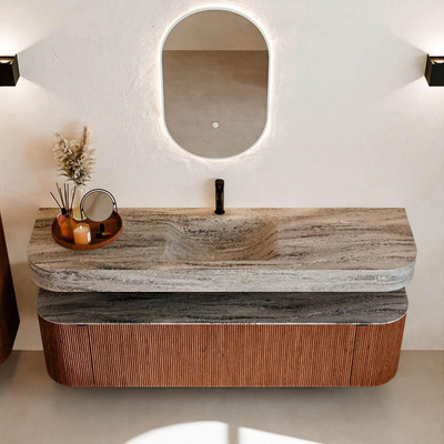 MONDIAZ THOR-DLUX 170cm meuble de salle de bains arrondi gauche + droite couleur Ruby avec 1 tiroir et 2 portes. Vasque suspendue CLOUD Milieu 1 trou de robinet couleur Oza.