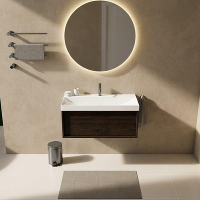 Saniclass Holz Frame Ensemble de meubles de salle de bains - 100x45x47.5cm - lavabo Wave en céramique - 1 vasque - 1 trou de robinet - 1 tiroir - chêne charcoal mat (bois)