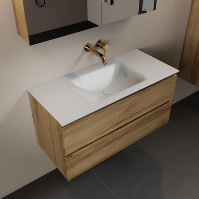Mondiaz AIVY Ensemble de meuble - 100x45x50cm - 0 trous de robinet - 1 vasque Talc Solid surface - Centre - 2 tiroirs - avec miroir - Melamine Chai