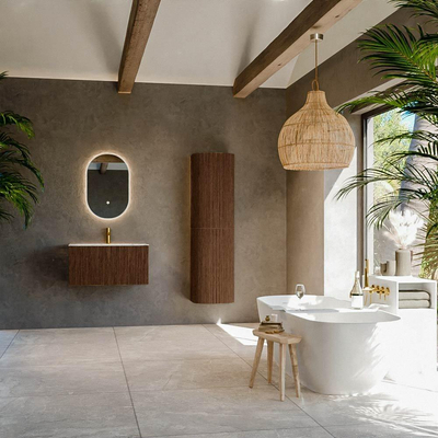 MONDIAZ KURVE-DLUX Meuble de salle de bains 80cm couleur Walnut avec 1 tiroir. Lavabo BIG SMALL central 1 trou de robinet couleur Glace.