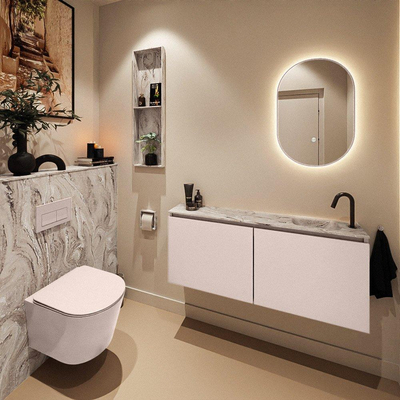 MONDIAZ TURE-DLUX Meuble de toilettes 120 cm Rosee. Lavabo EDEN Glace position à droite. Avec 1 trou de robinet.