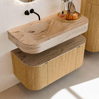 MONDIAZ THOR-DLUX 100cm badmeubel ronding links + rechts kleur Oak met 1 lade en 2 deuren. Vrijhangende wastafel CLOUD Links zonder kraangat kleur Arena.